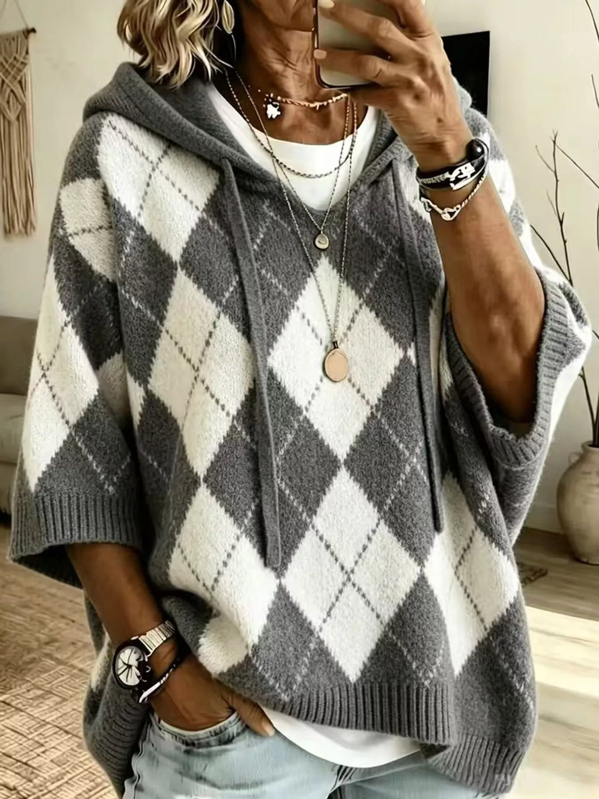 Argyle Pattern Hooded Sweater, front view