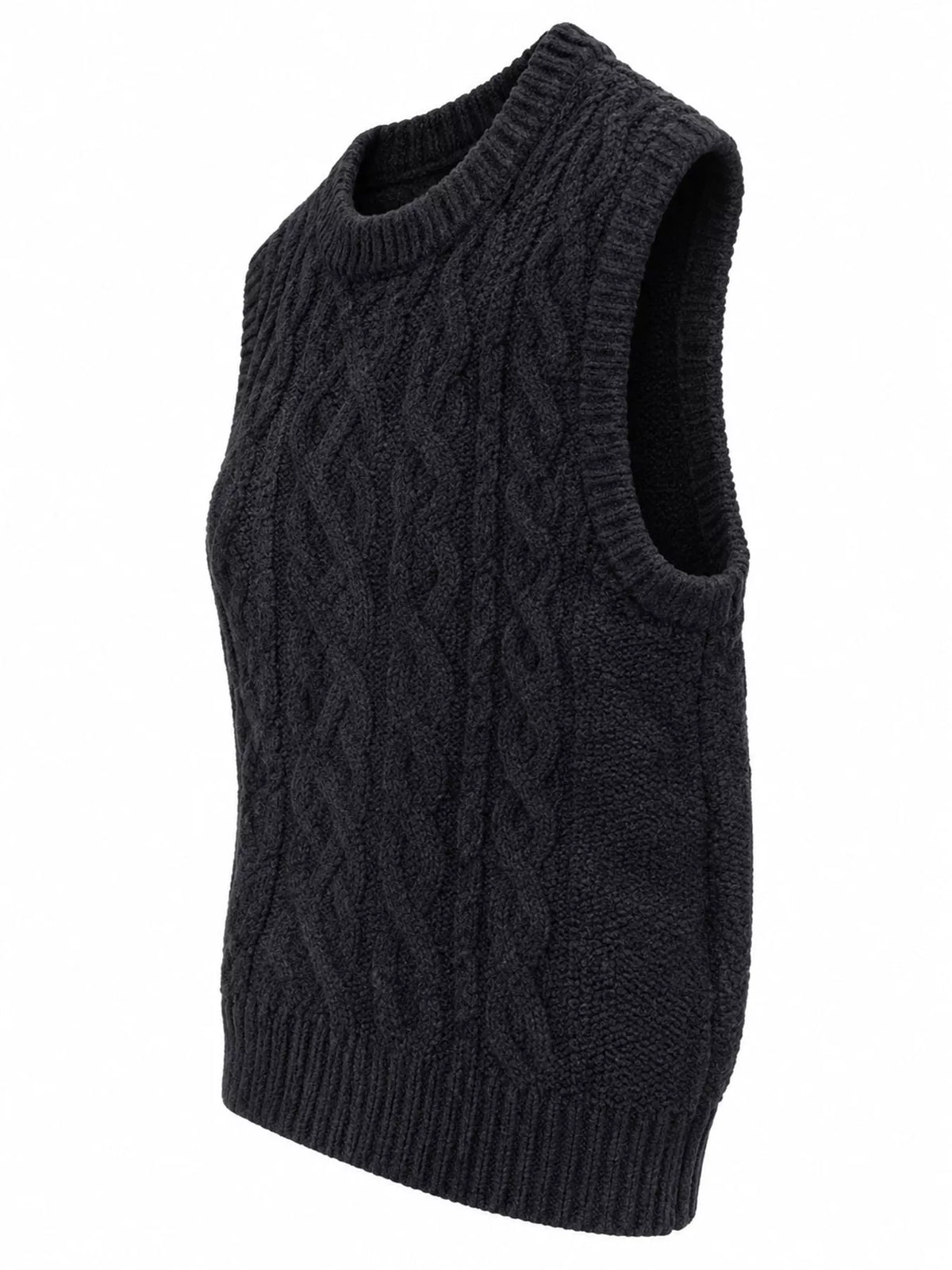 Black cable-knit sweater vest, side view