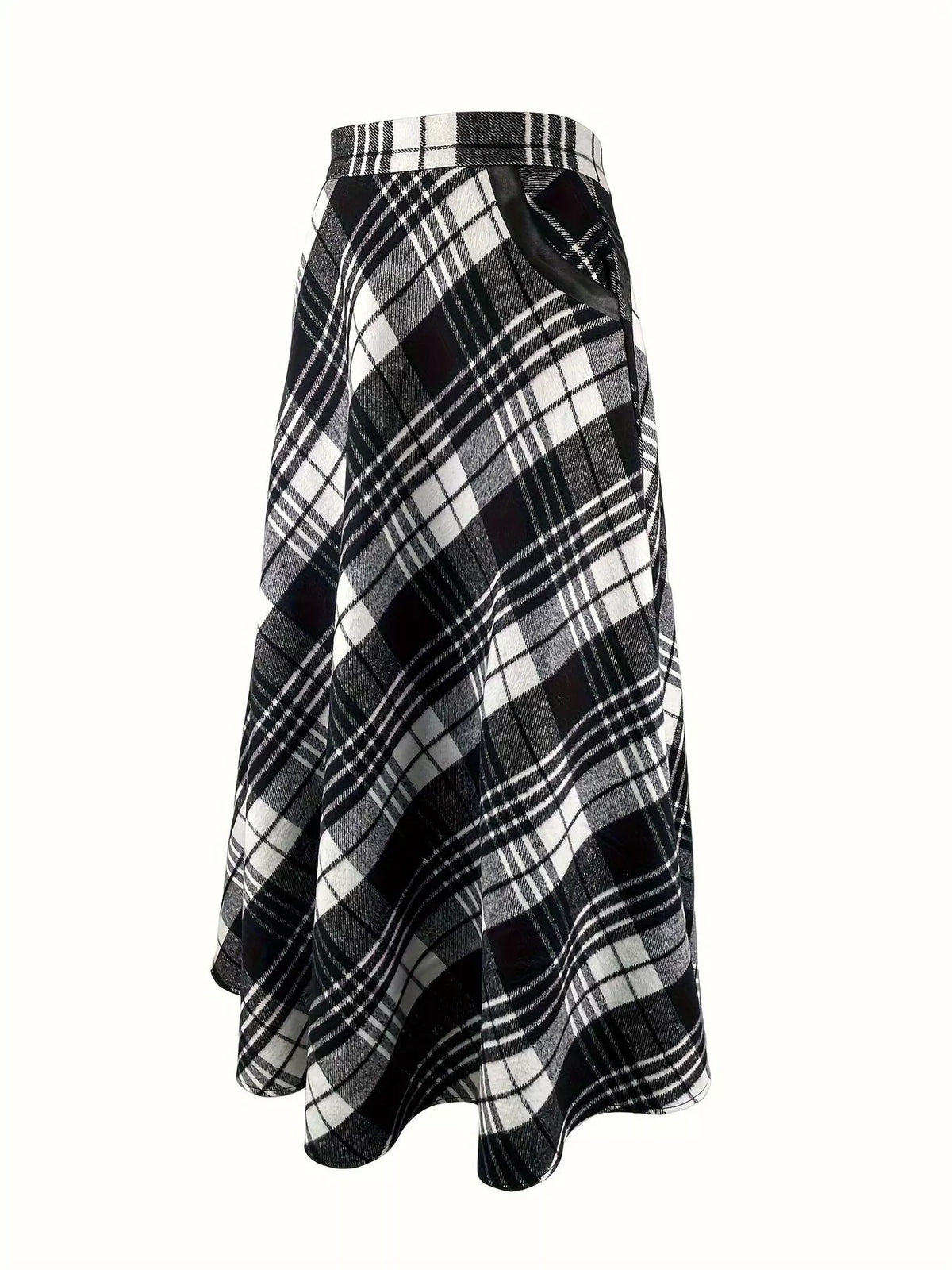 Black and white plaid A-line midi skirt, side view