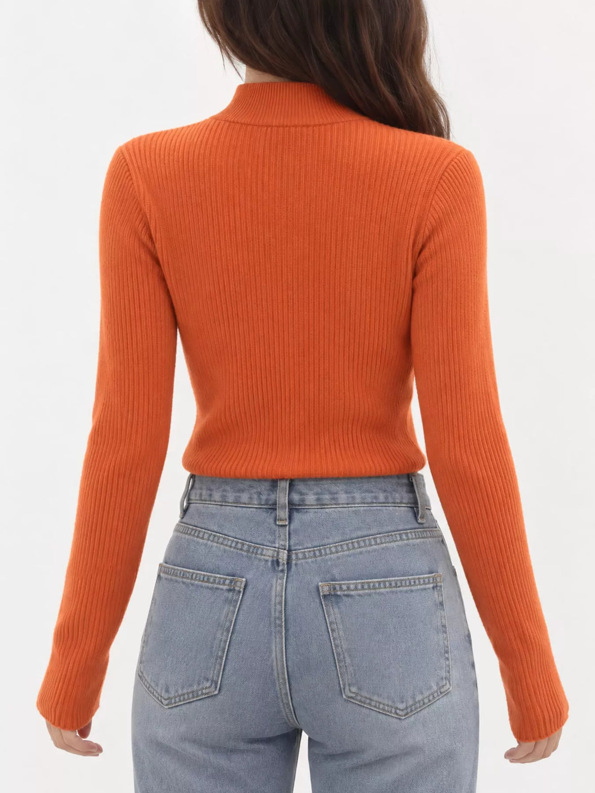 Orange ribbed mock neck long sleeve knit top, back view
