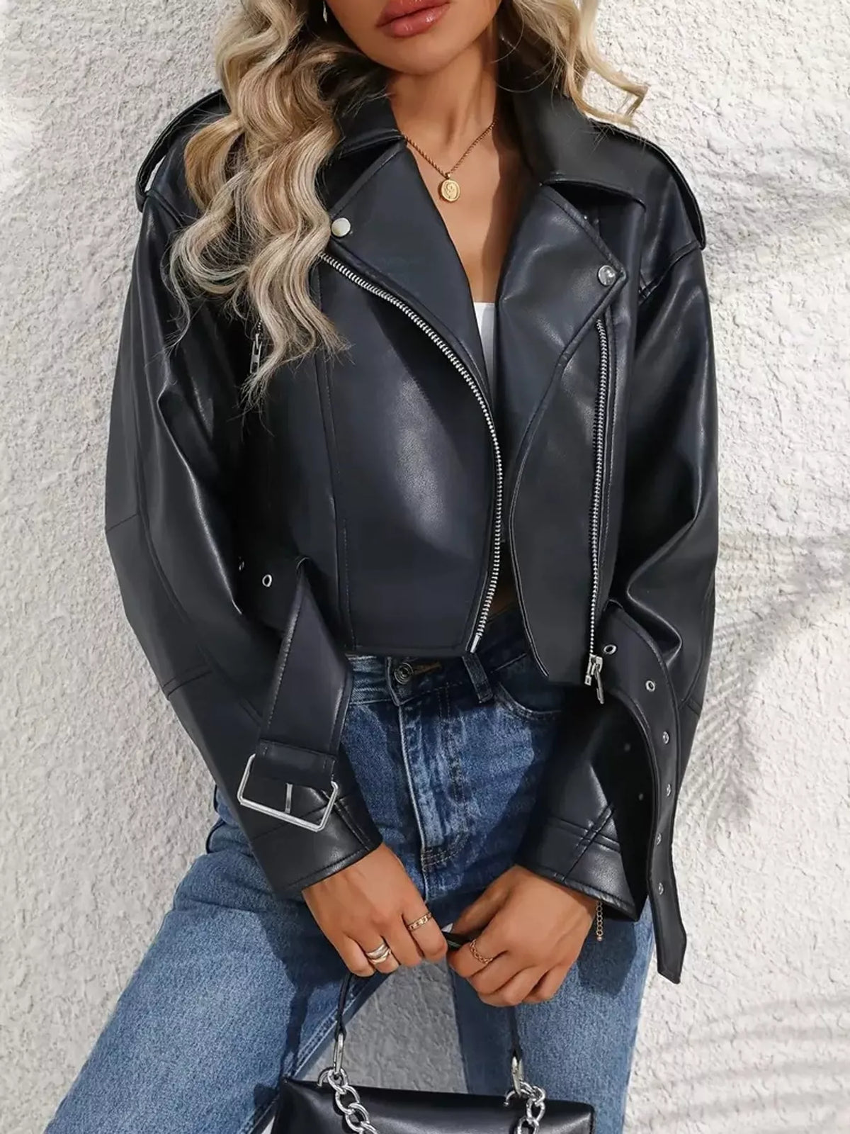 Faux Leather Zip Up Jacket in black, front view
