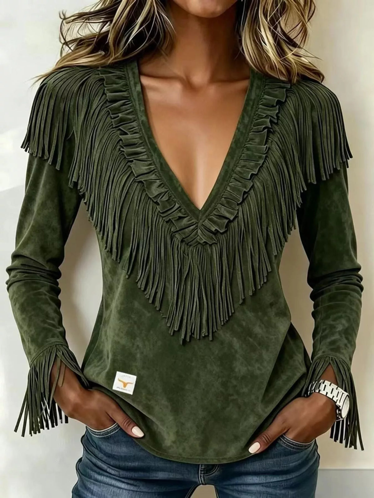 Fringed V-Neck Blouse in army green, front view