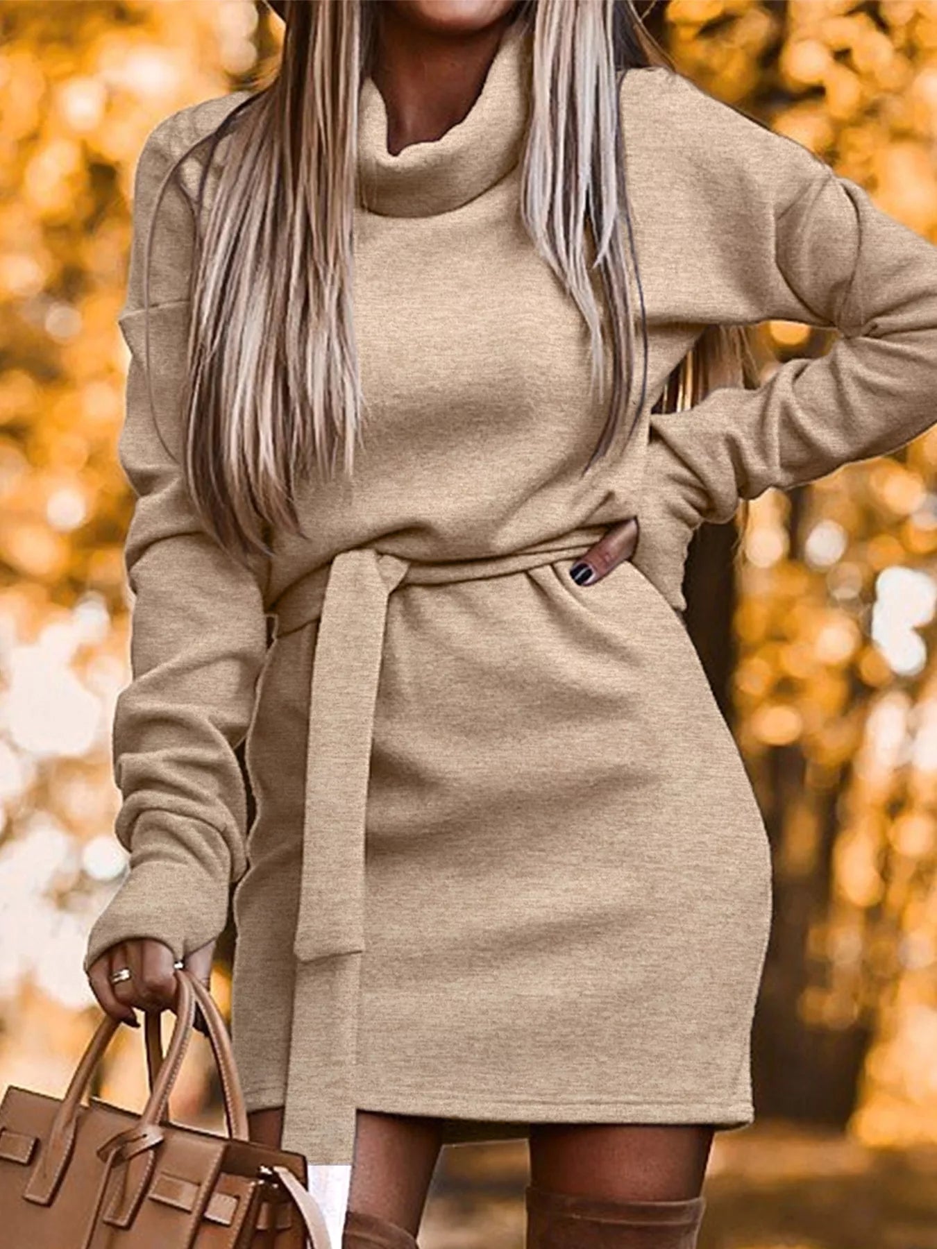 Trendsi Turtleneck Belted Knit Dress -