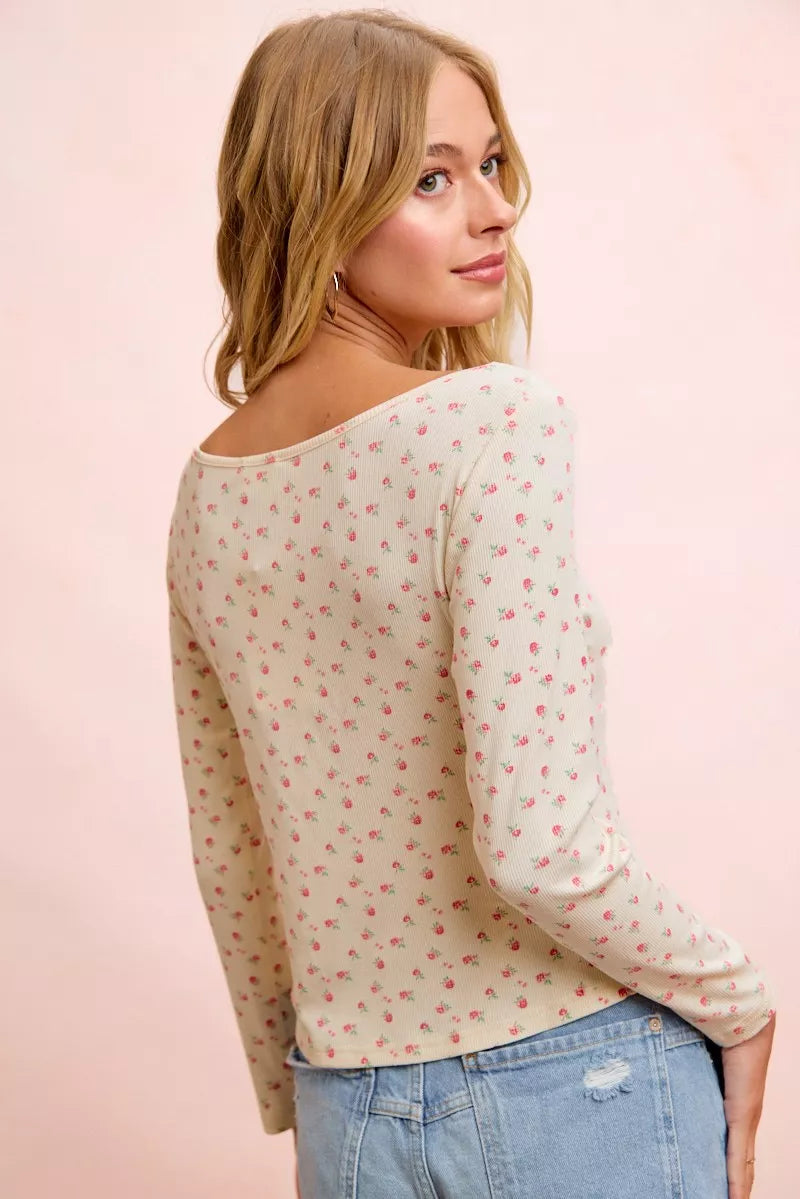 Women's cream floral print long-sleeve top - product view 3