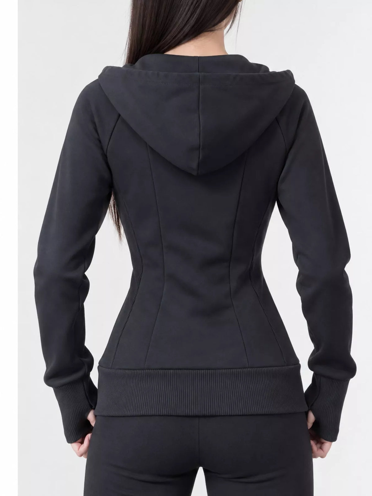 Black slim fit full zip hoodie, back view
