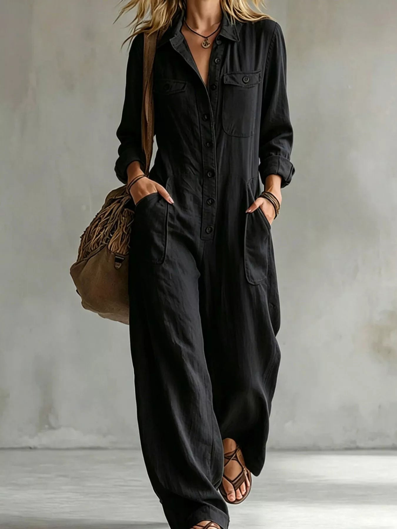 Trendsi Full Size Long Sleeve Button Front Jumpsuit Plus Size -