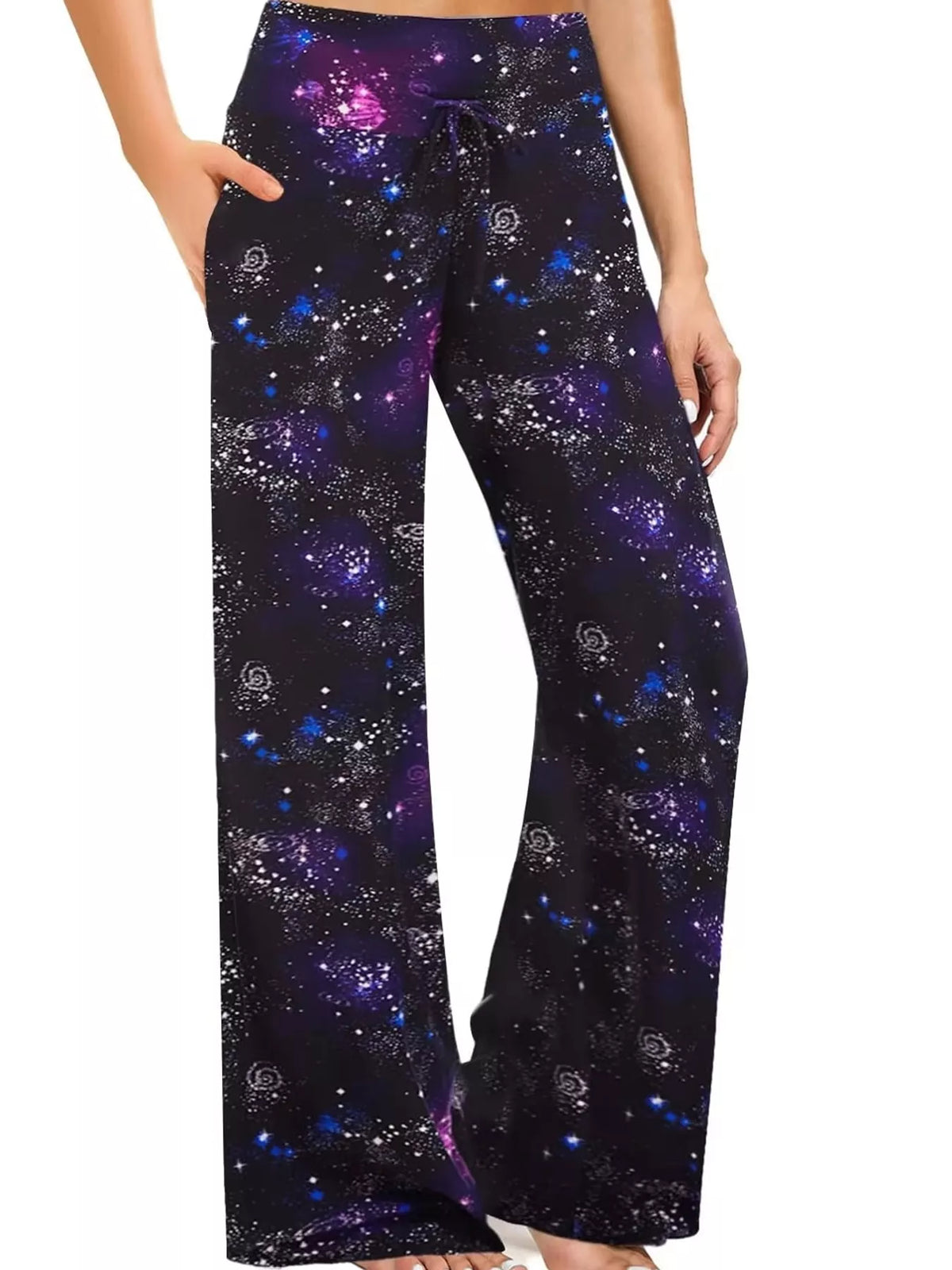 Wide-leg lounge pants, galaxy print front