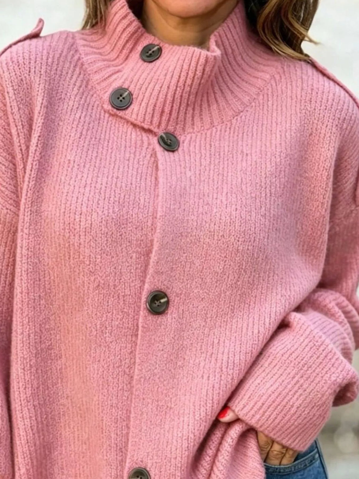 Mock neck long sleeve cardigan, construction and design details