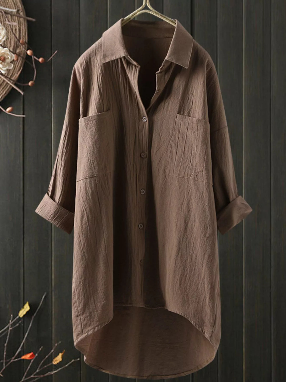 Cotton chest-pocket shirt, brown hanging front