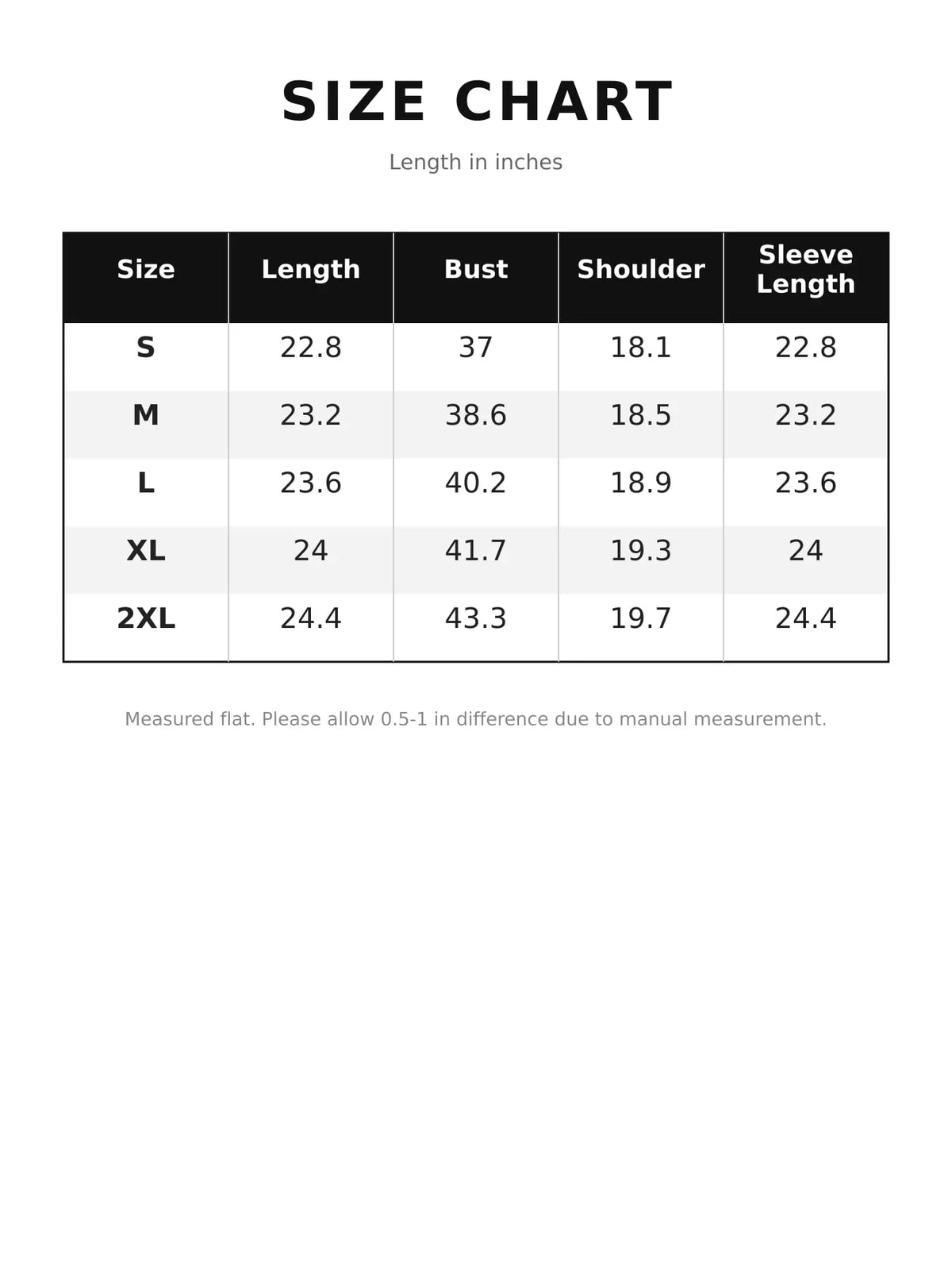 Size chart for asymmetric button-up denim jacket