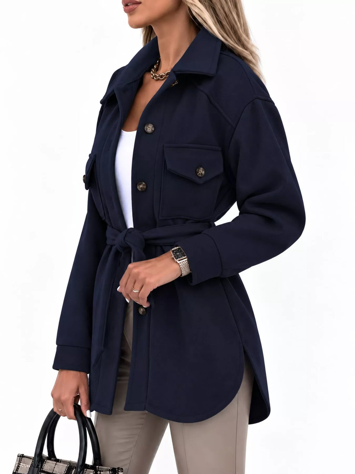 Belted Button-Down Shirt Jacket — side view