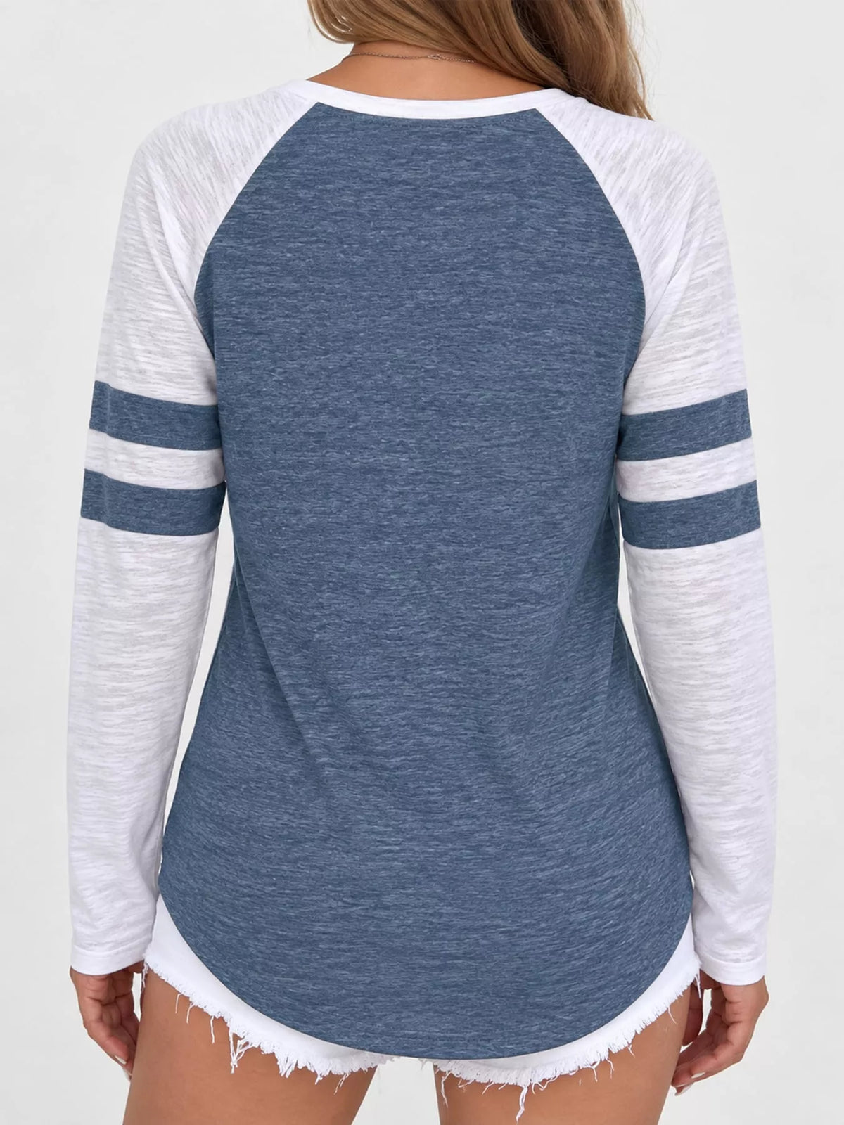 Blue color-block raglan sleeve striped t-shirt, back view
