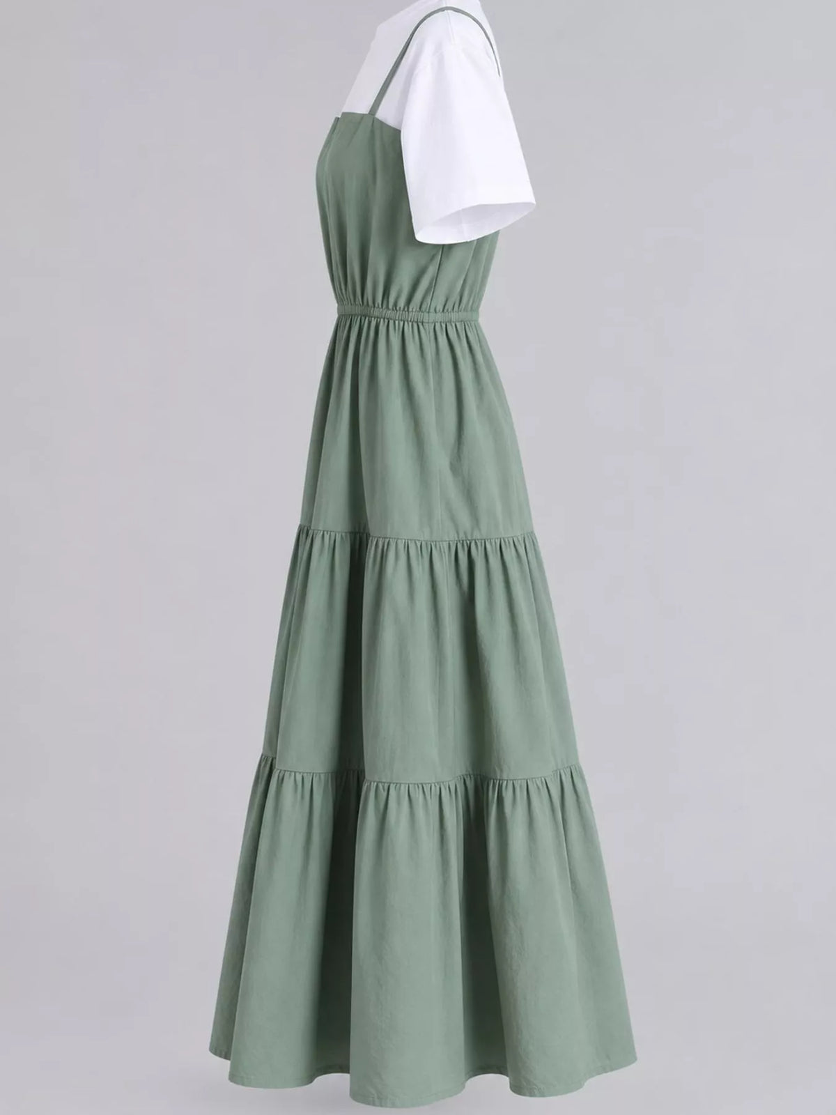 Tiered Layered Look Midi Dress in green and white