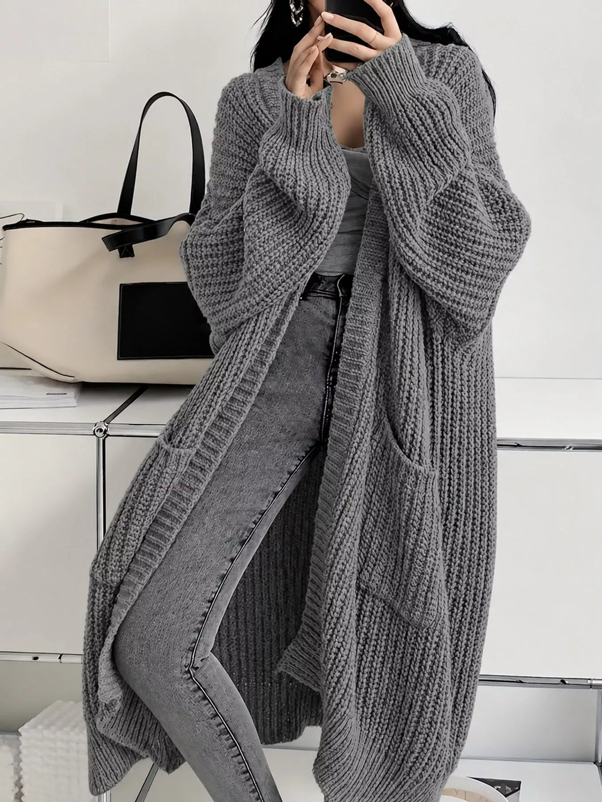 Longline knit cardigan, gray front
