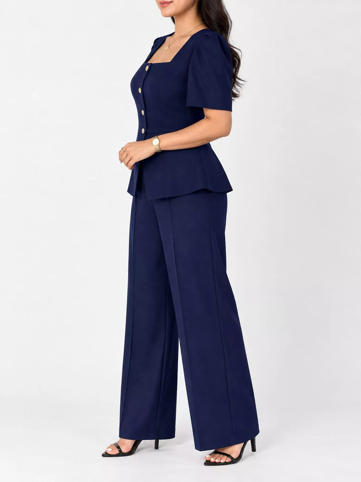 Peplum top and pants set, navy side