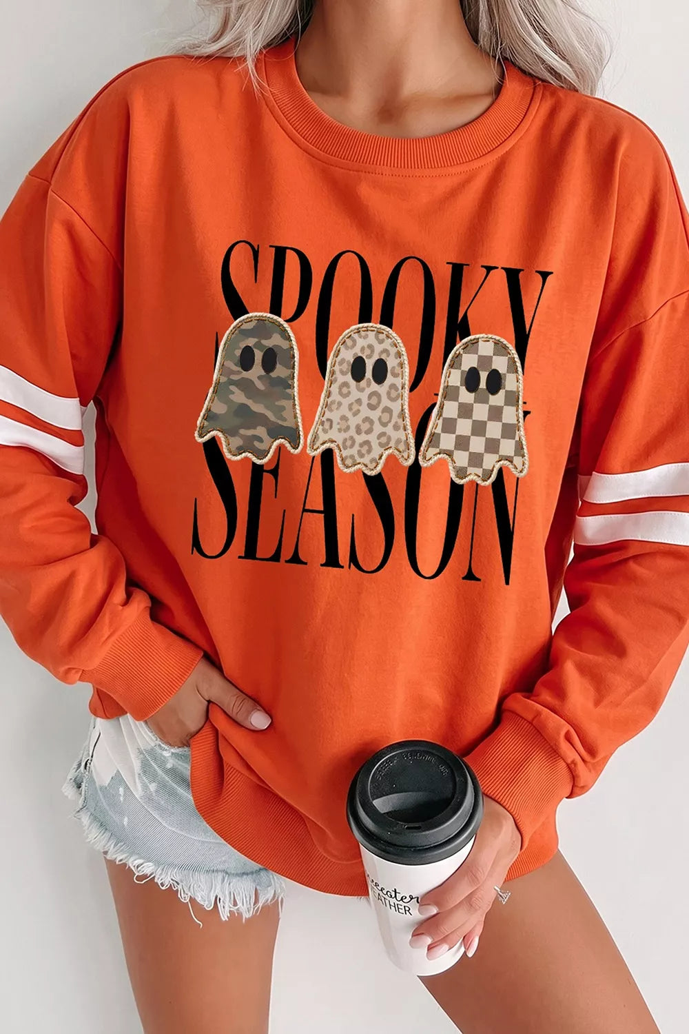 Spooky Season Ghost Striped Sleeve Sweatshirt in orange, front view