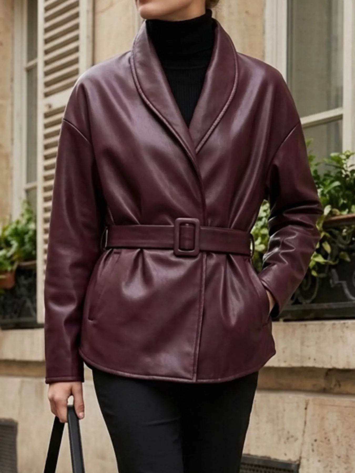 Trendsi Faux Leather Belted Jacket -