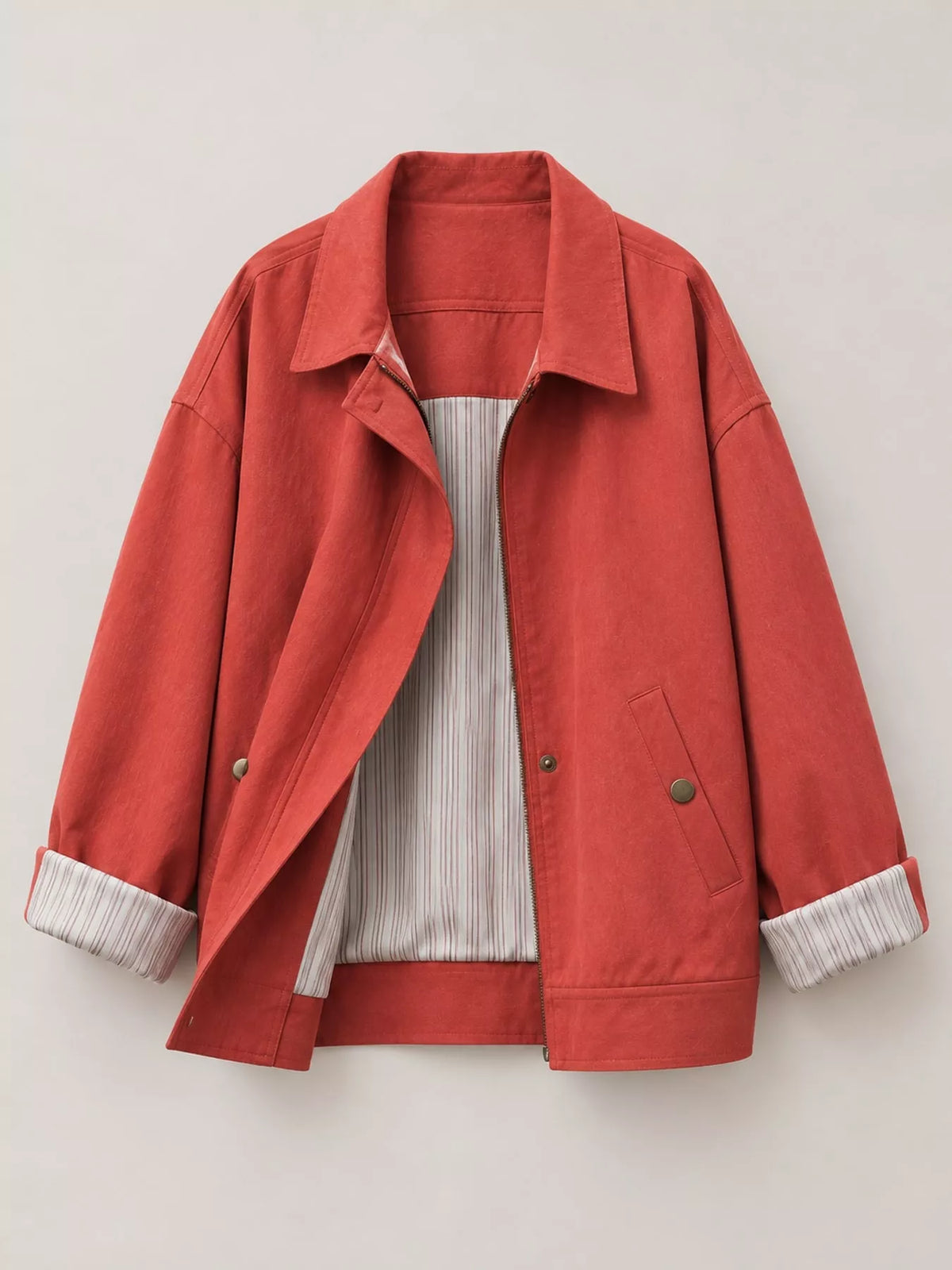Red zip-up dropped shoulder jacket, front product view