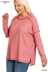 Trendsi Zenana Full Size Melange Hacci Exposed Seam Hi-low Tee Plus Size -
