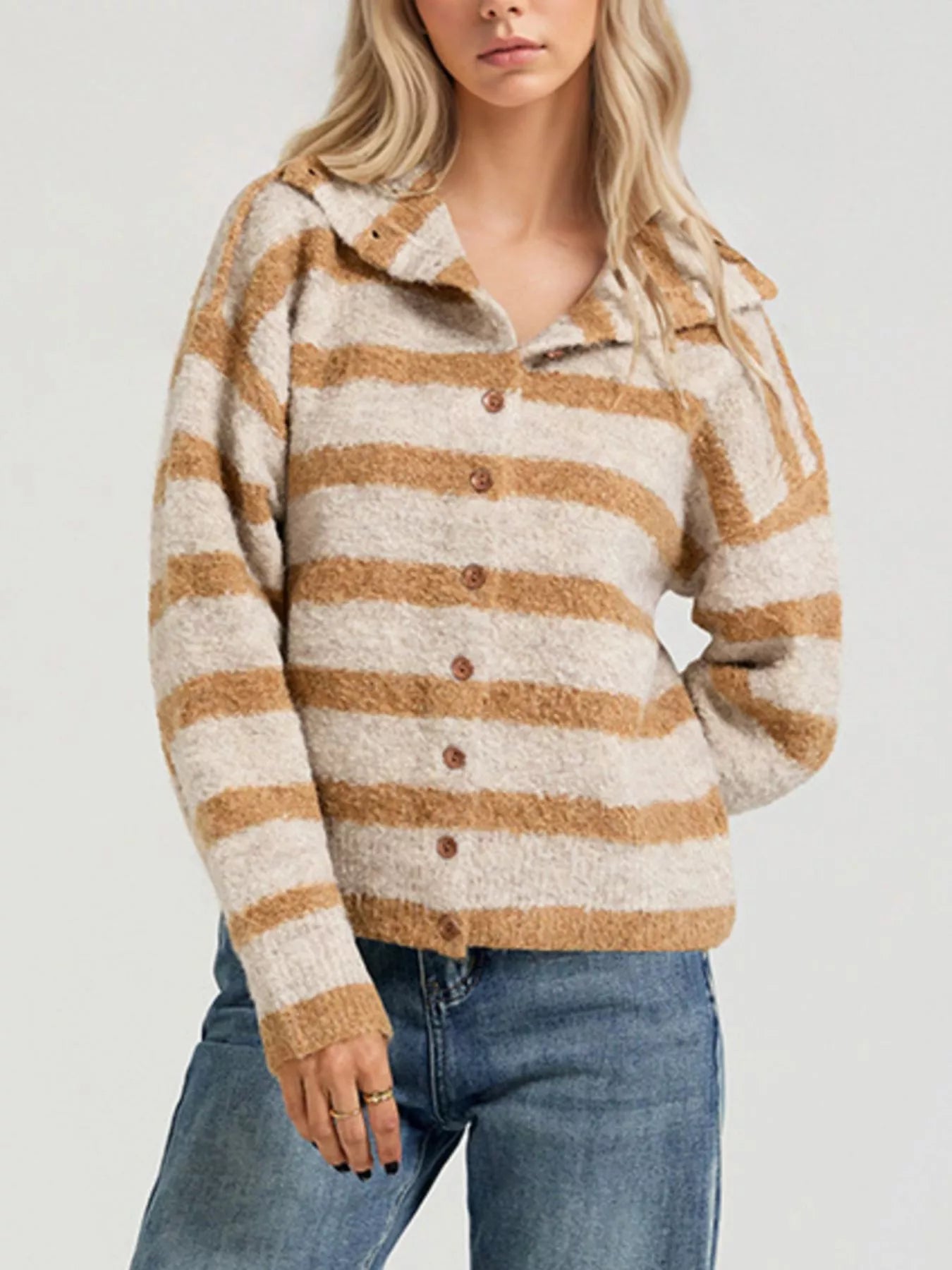 Trendsi Striped Fuzzy Knit Cardigan -