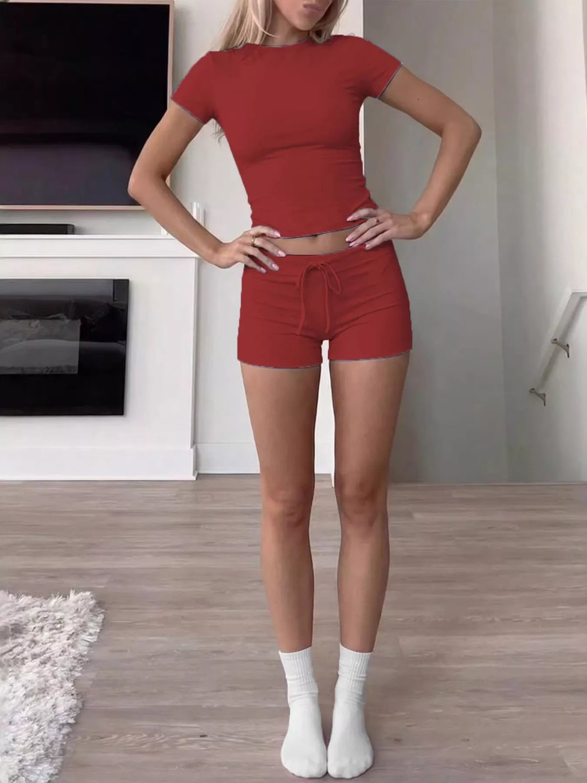 Red crop top and drawstring shorts set, front view