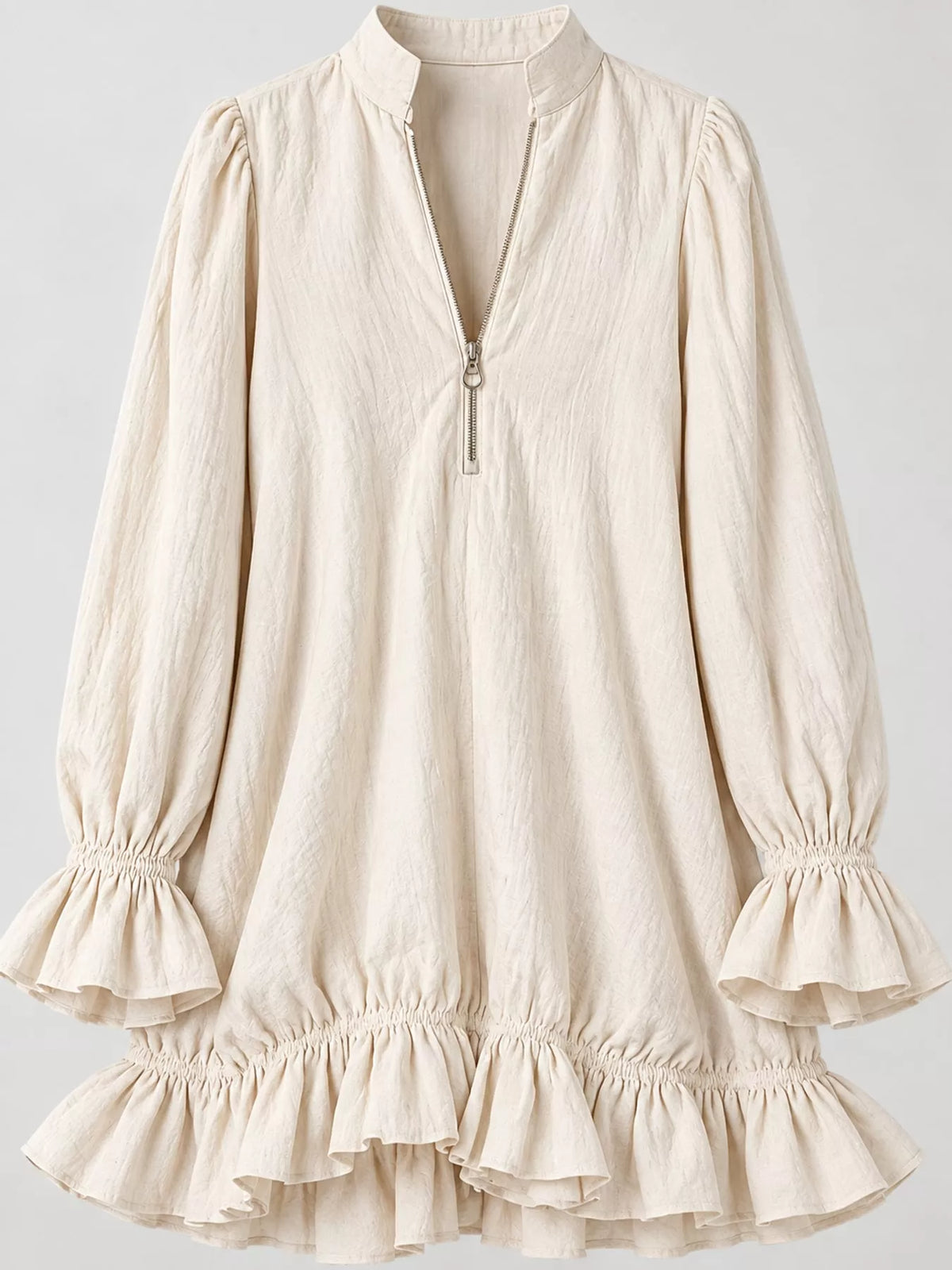 Ruffled-hem mini dress, cream ruffled cuff and hem