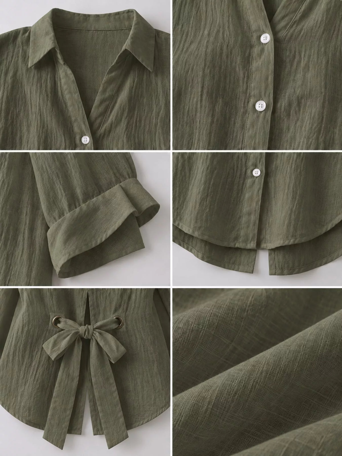 Army Green loose fit tie back shirt, detail view