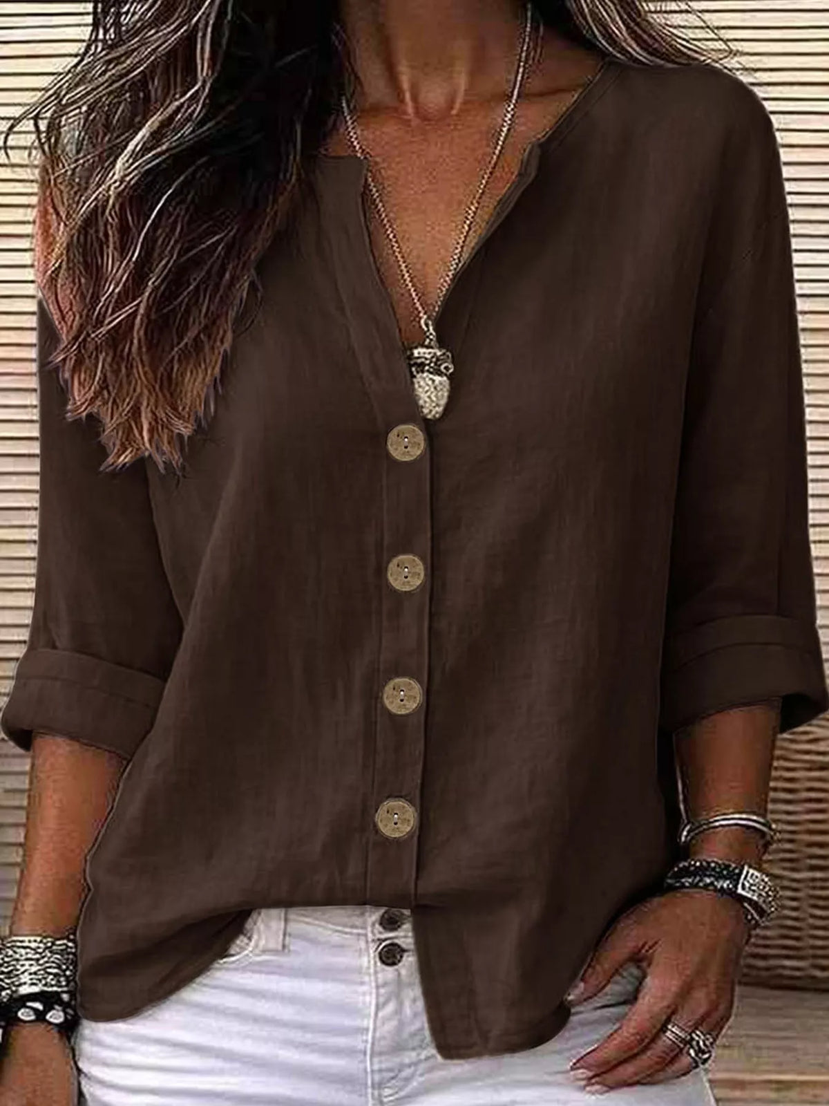 Notched-neck shirt, brown front
