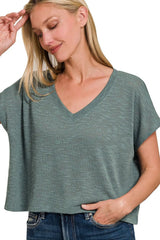 Trendsi Zenana Hacci Slub V-neck Drop Shoulder Crop Top -