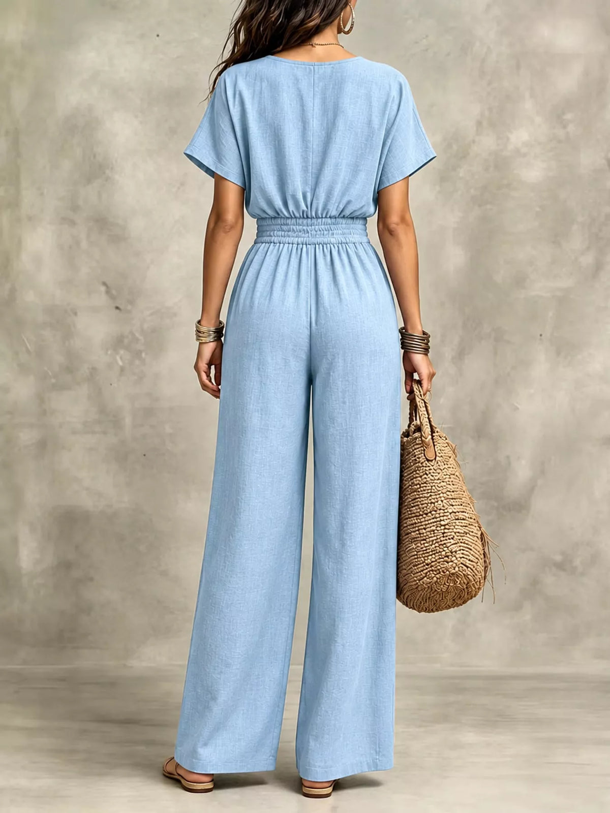 Wide-leg short-sleeve jumpsuit, back view