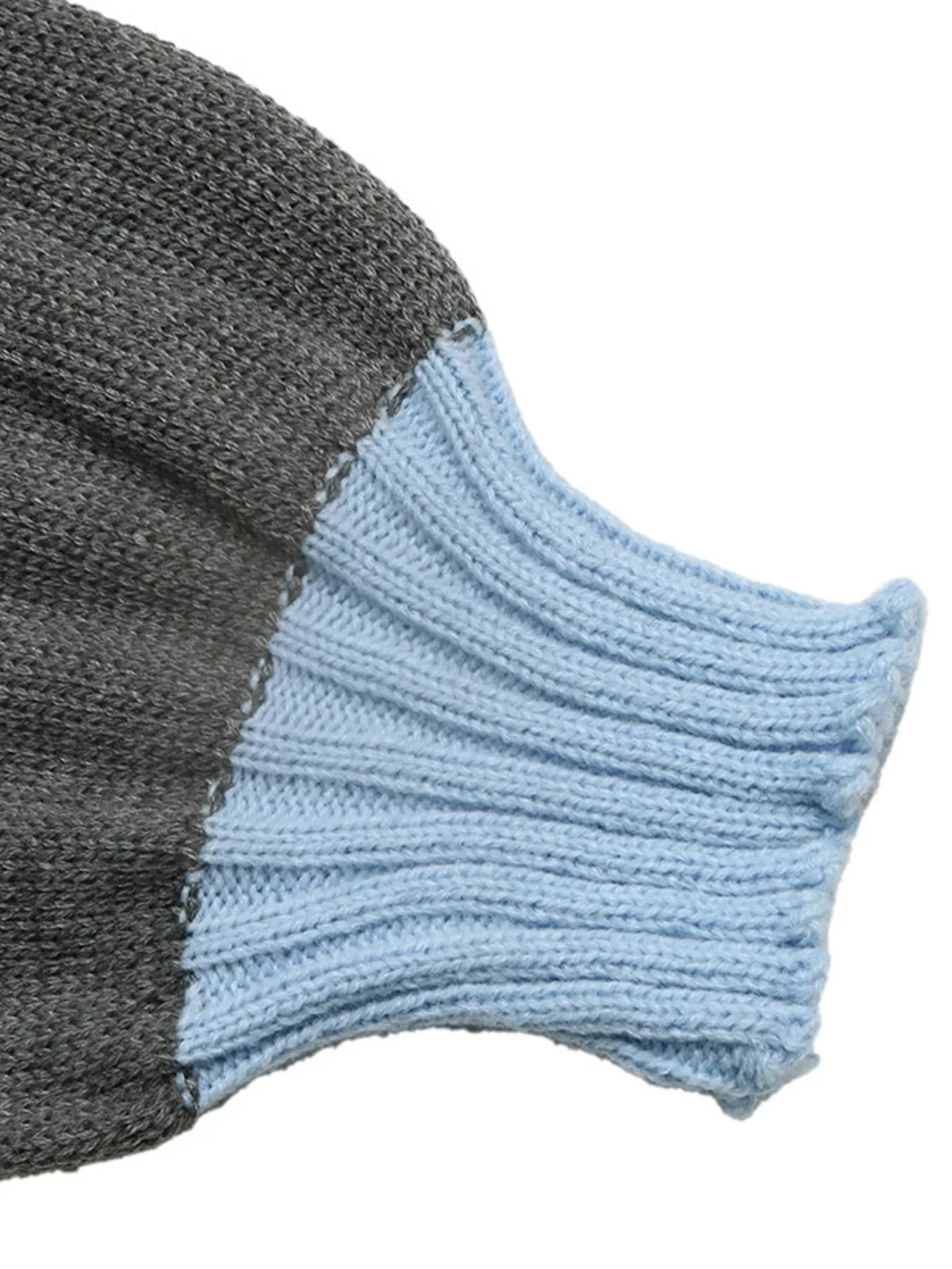 Gray sweater with blue contrast trim, cuff detail