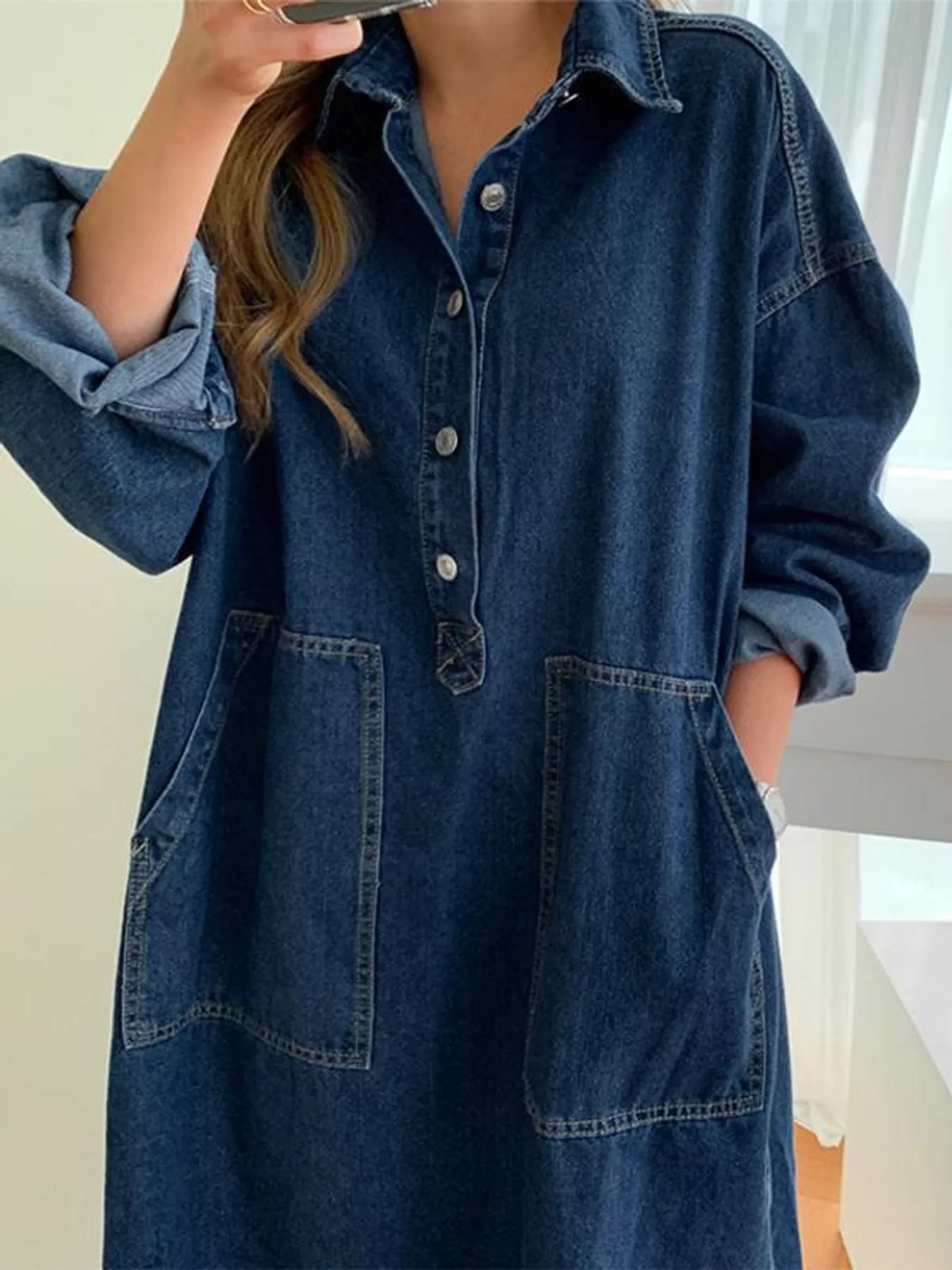 Blue button front denim shirt dress, front view