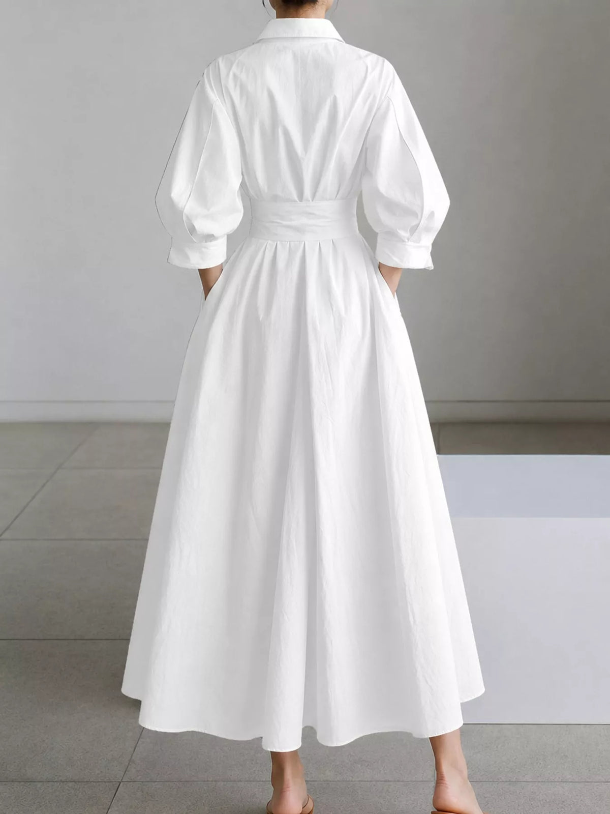 Collared Three-Quarter Sleeve Midi Shirt Dress — back view