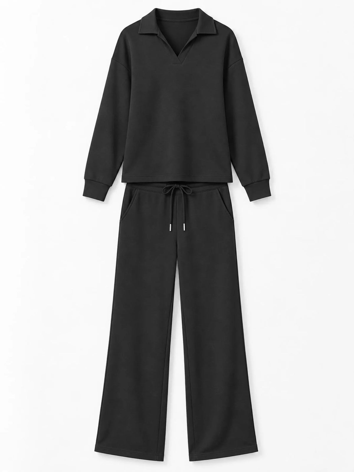 Top and drawstring pants set, black flat set