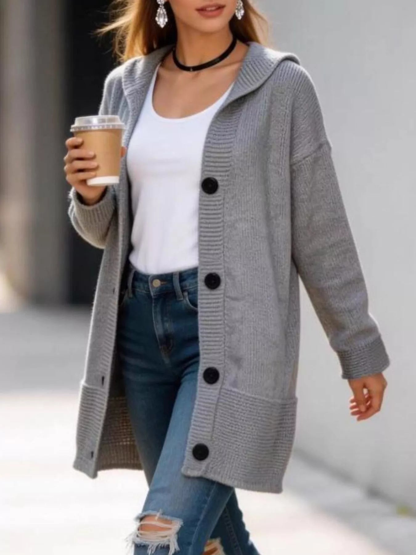 Trendsi Full Size Casual Hooded Button-Down Knit Cardigan Plus Size -