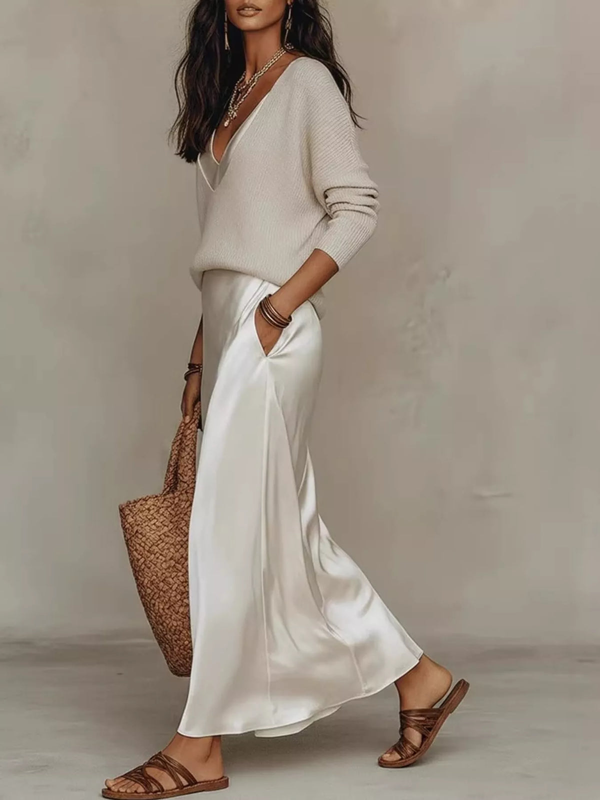 Apricot-Set v-neck top and satin midi skirt set
