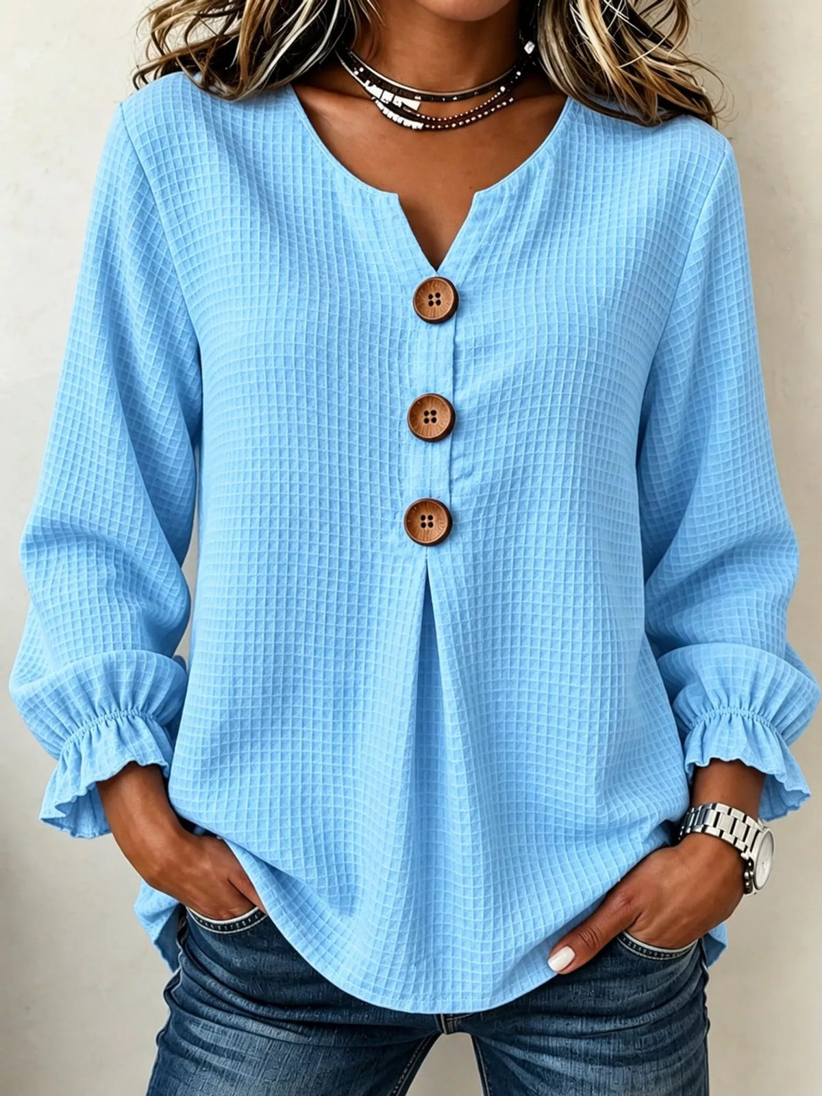 Women's Waffle Knit Flounce Sleeve Blouse in light blue — front view