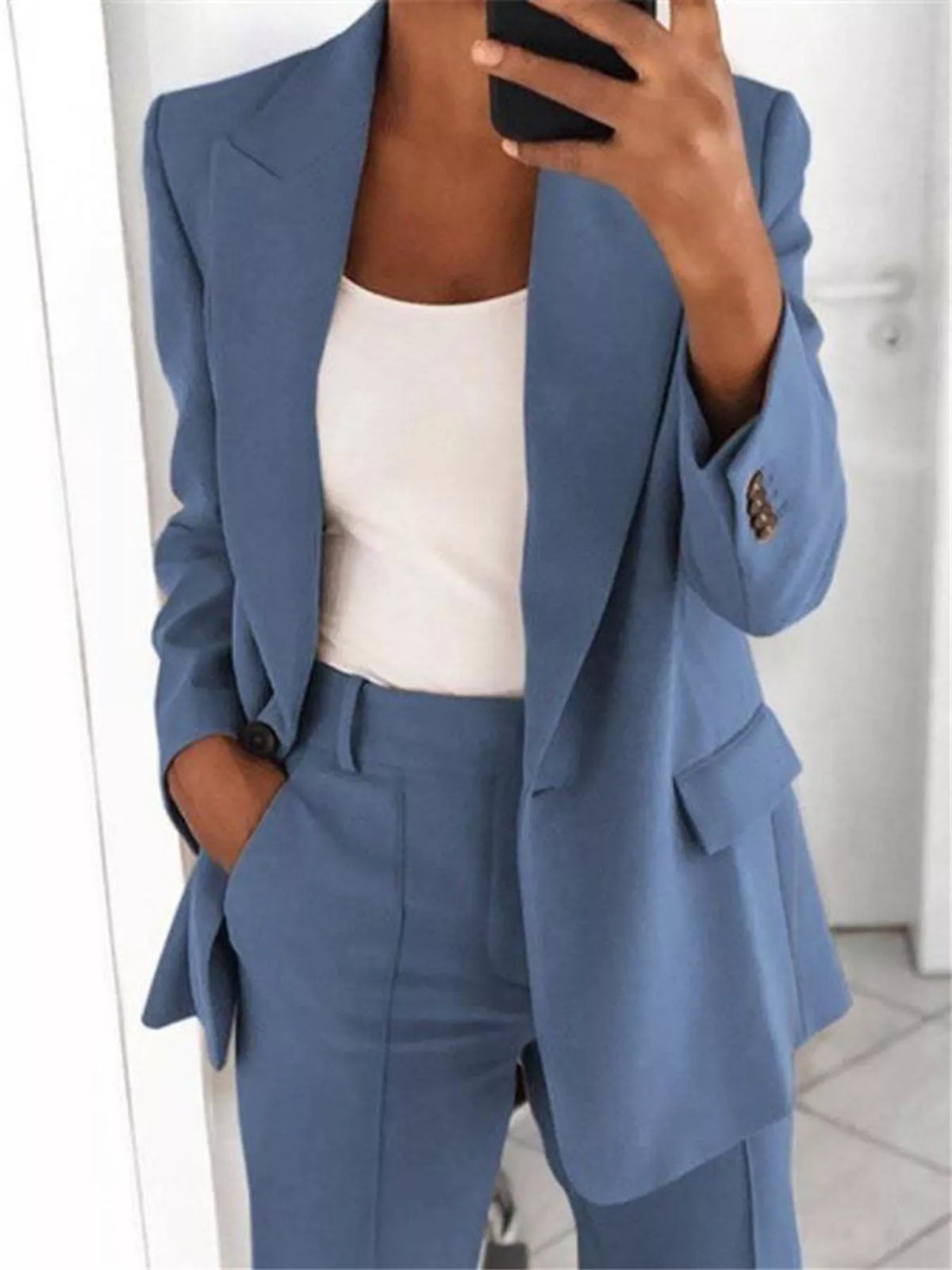 Collared long sleeve outfit set, front view on model