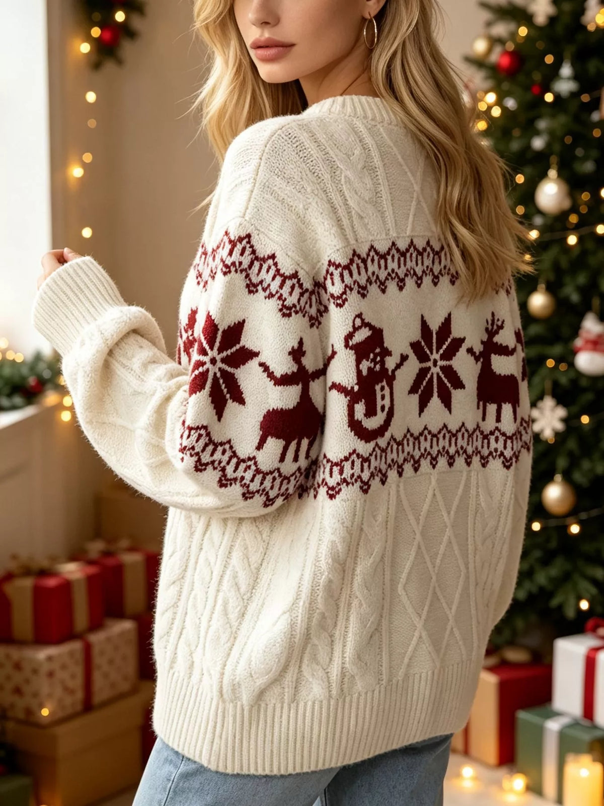 Ivory christmas snowman cable-knit sweater, back view.