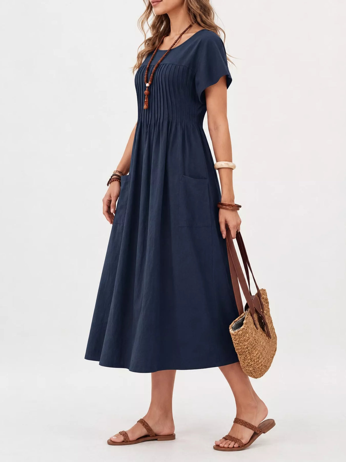 Pleated Midi Dress with Pockets in navy blue
