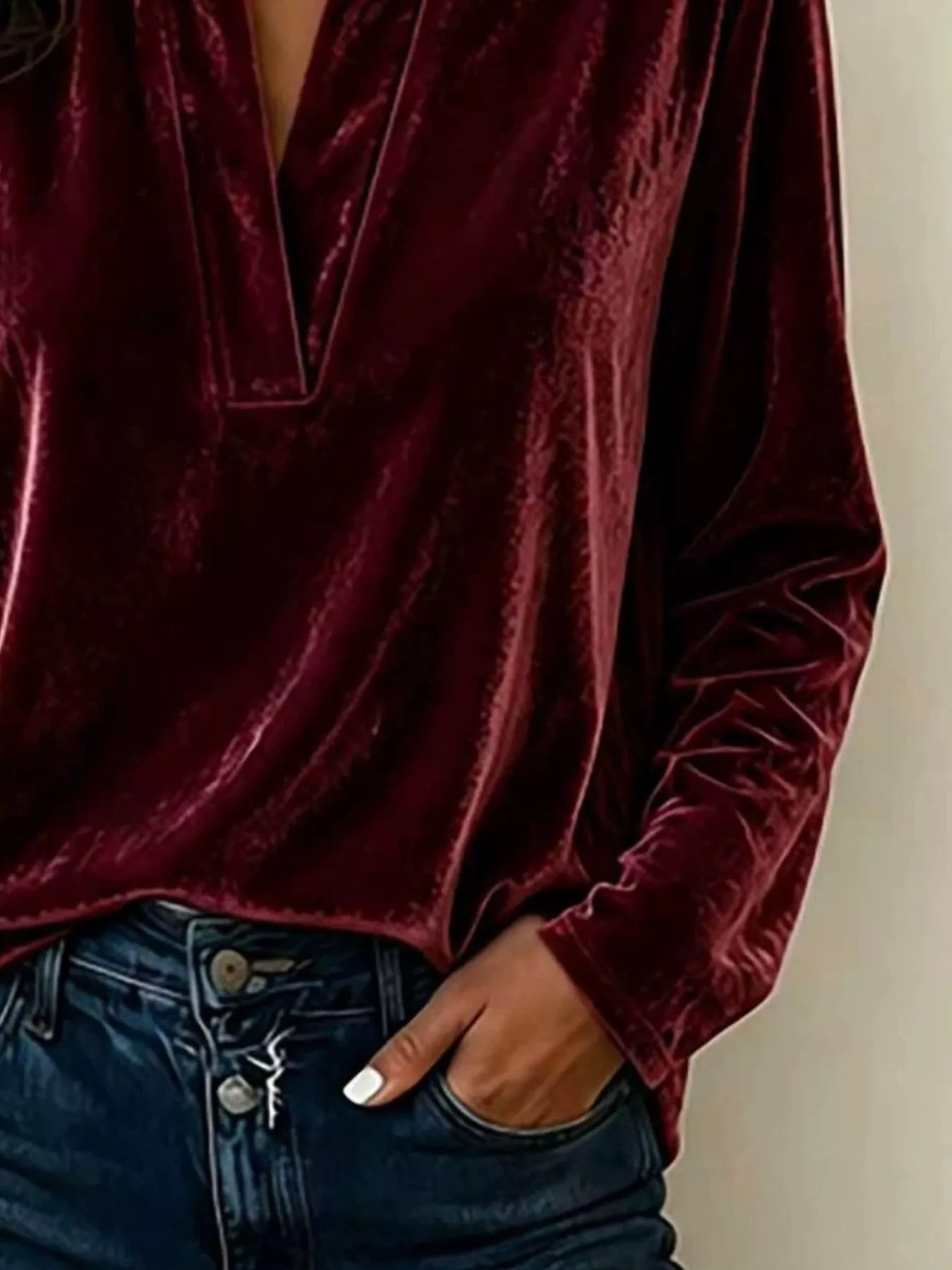 Trendsi Full Size Velvet Notched Long Sleeve Blouse Plus Size -