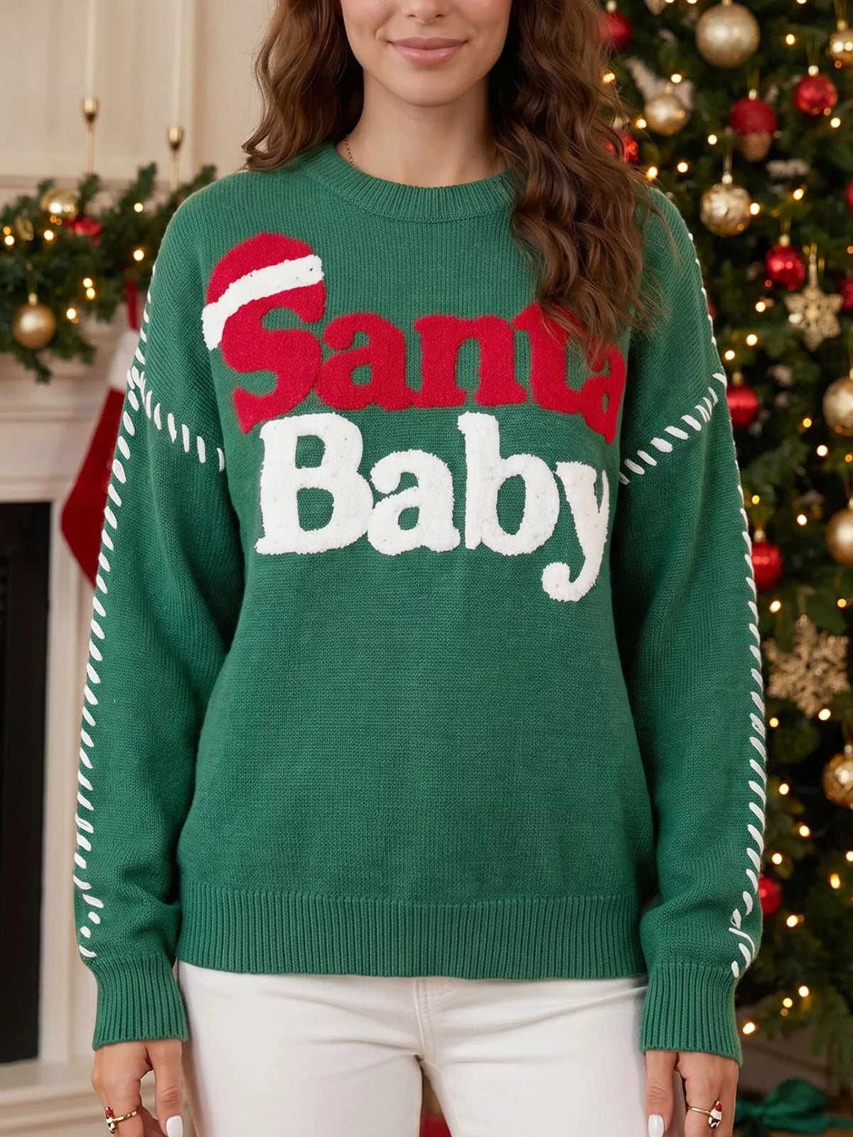Santa Baby sweater, green Santa Baby front