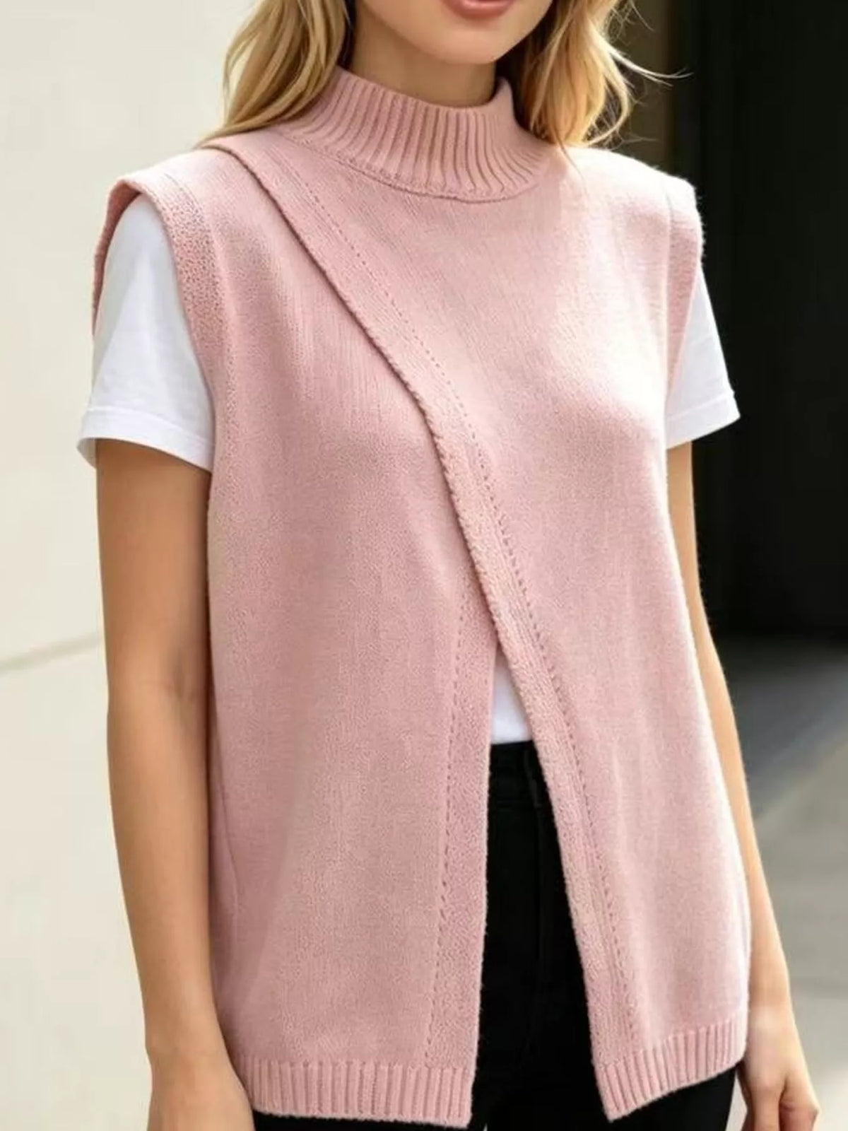 Mock Neck Asymmetrical Hem Knit Sweater Vest in pink