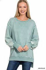 Trendsi Zenana Acid Washed Batwing Sleeve Fleece Sweatshirt -