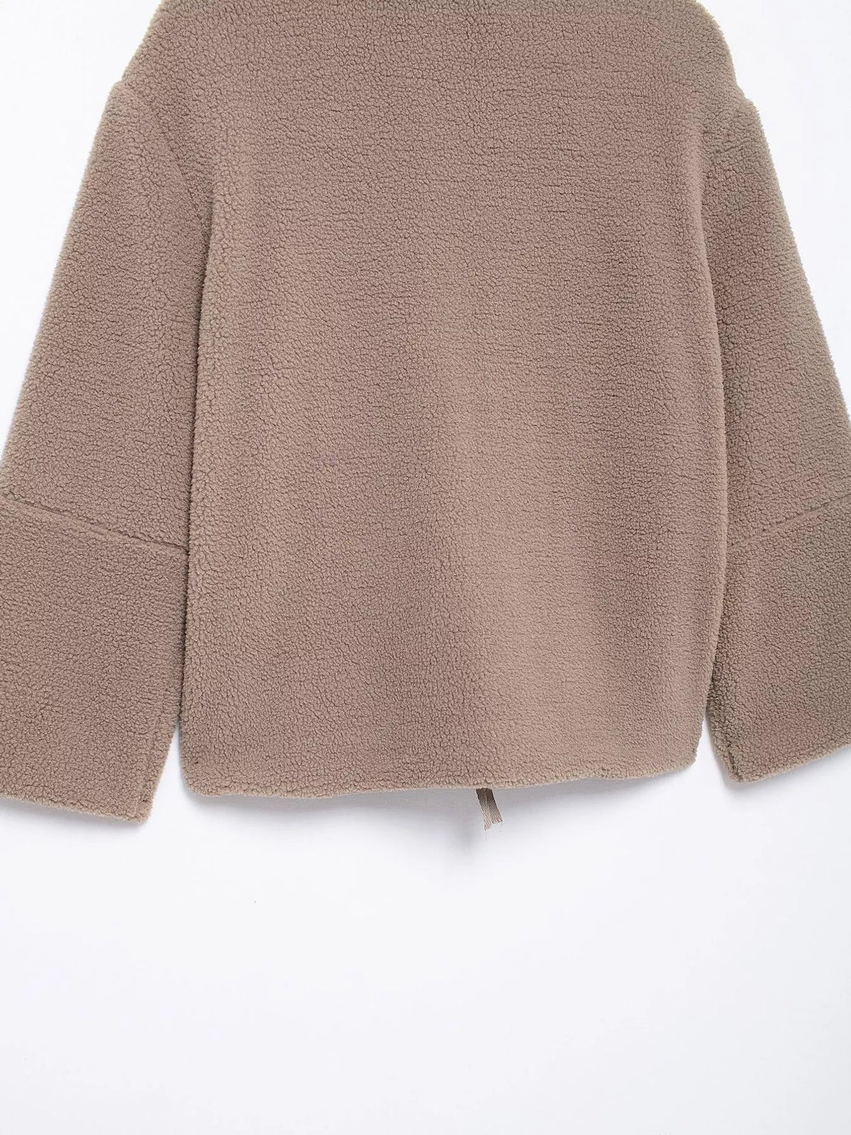 Taupe sherpa zip-up jacket, back view