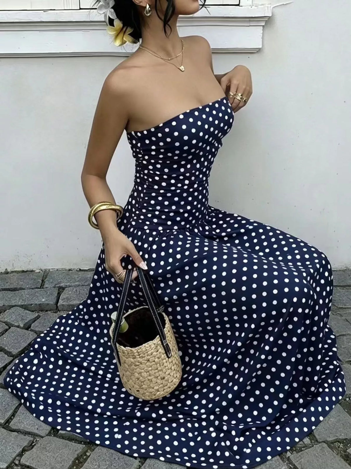 Women's Strapless Polka Dot Ruched Maxi Dress in navy dots — front view