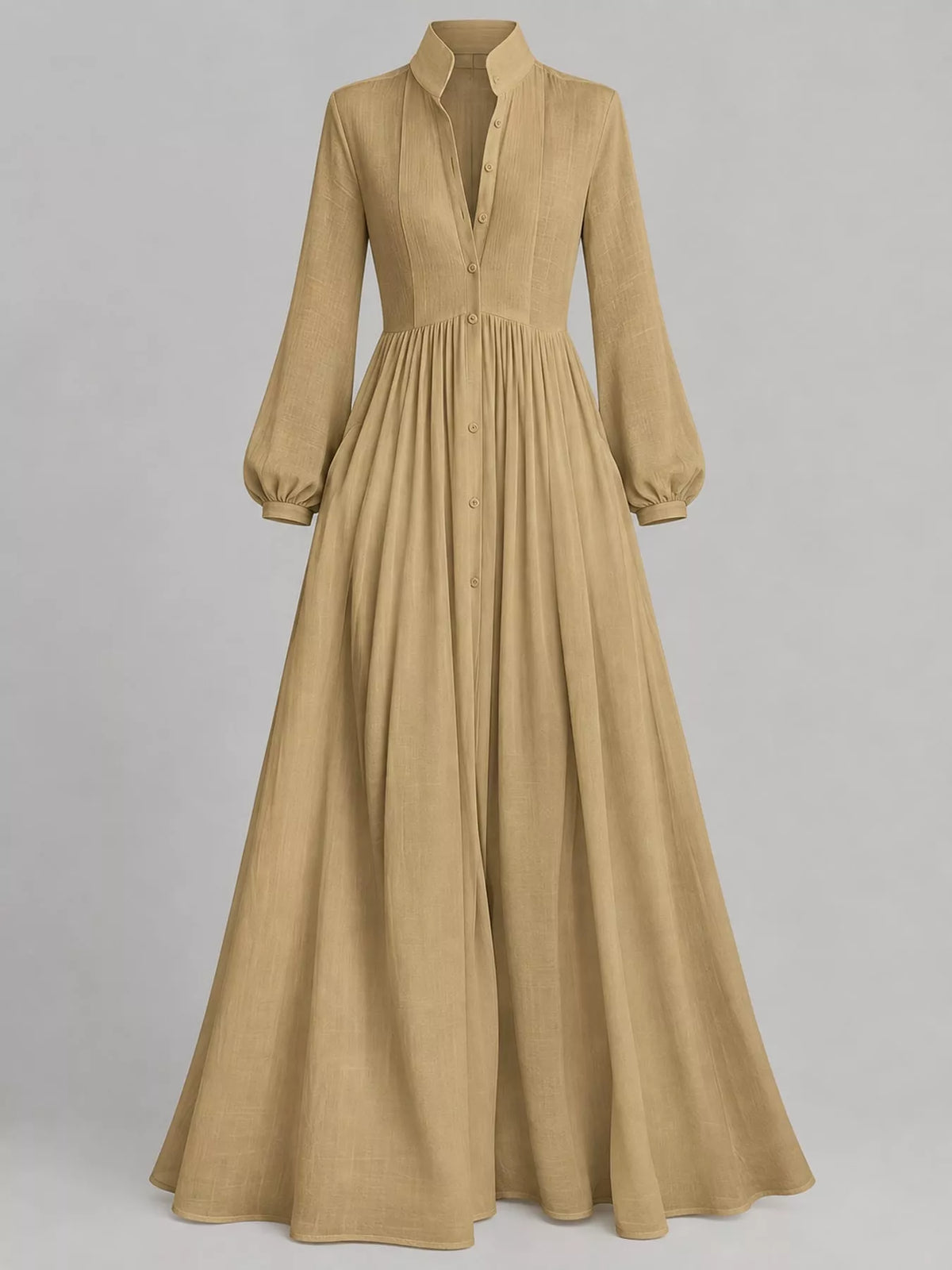 Khaki long sleeve button-front maxi dress, product view