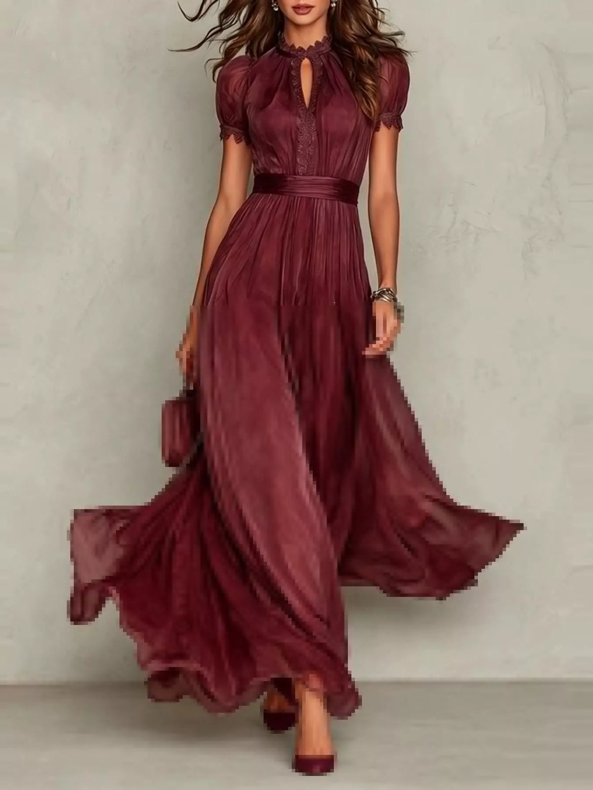 Lace Puff Sleeve Maxi Dress in burgundy, front view