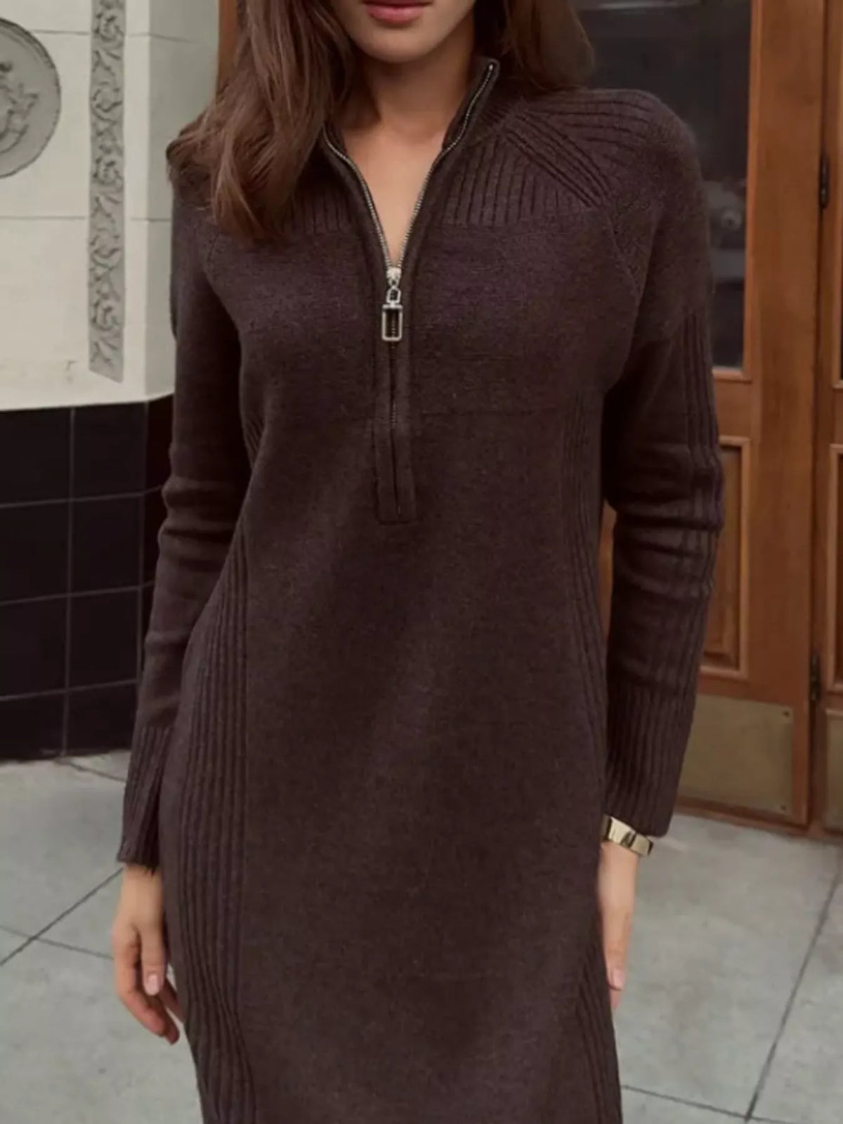 Brown half-zip ribbed knit sweater dress — front view