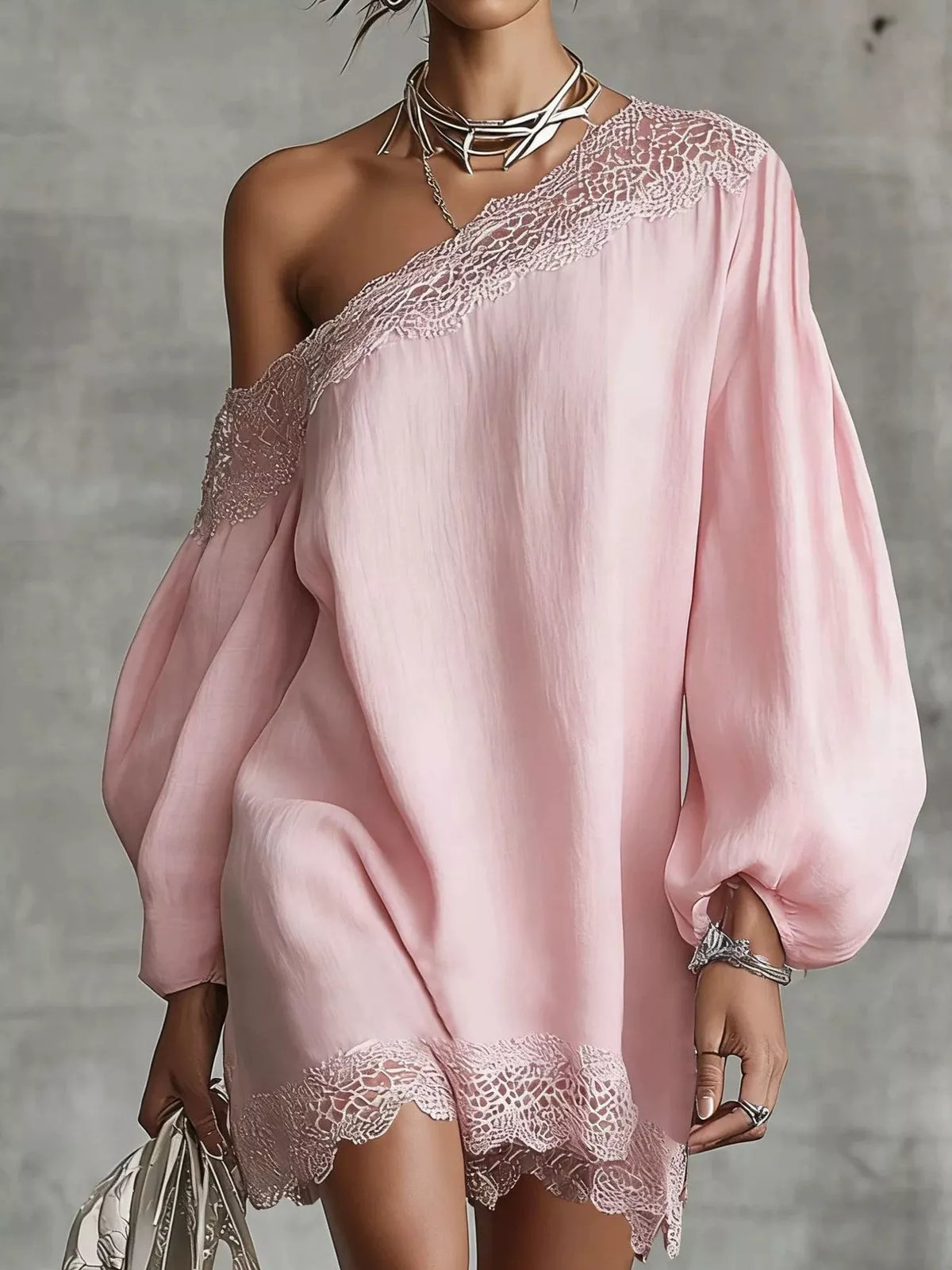 Trendsi One-Shoulder Lace Trimmed Puff Sleeve Mini Dress -